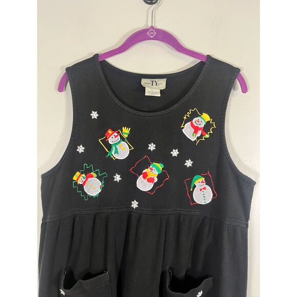 Vintage Christmas Tank Maxi Dress Snowman PL Black Festive Holiday Classic 80s - Picture 2 of 11